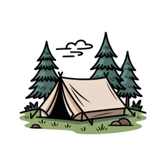 Obraz premium Cozy Dome Camping Tent Under Pine Trees with Fluffy Cloud, Isolated on Transparent Background, Outdoor Adventure and Nature Getaway