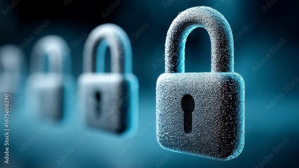 Poster a series of glowing and visually captivating digital locks symbolizing effective cybersecurity and d