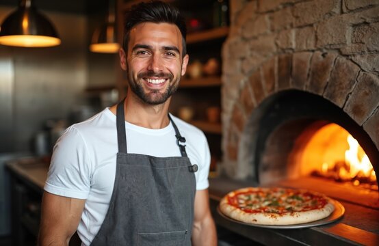 Young Italian pizzaiolo smiling, preparing pizza in pizzeria near brick oven. Cheerful man, baker, food assistant at counter. Business choice, service, delicious aroma.