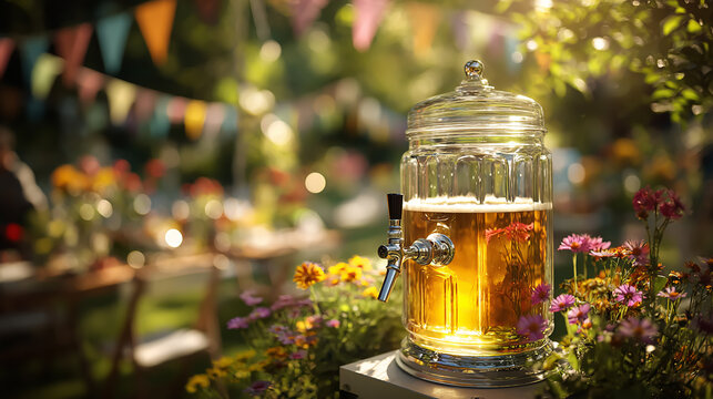 Large clear beer tower dispenser with tap, self-service setup in a bright garden party scene, natural sunlight, festive atmosphere
