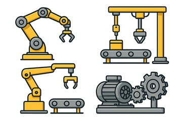 Various robotic arms, conveyor belts, and machine parts symbolizing automation, manufacturing processes, and industrial technology in vector cartoon style with transparent background