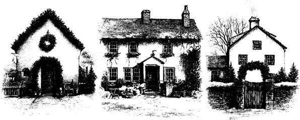 Obraz premium Christmas house facades engraving design for holiday decorations and cards