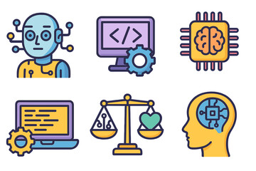 Colorful vector icons depicting artificial intelligence, coding, technology, human-machine interaction, and ethical balance in digital innovation, cartoon style illustration