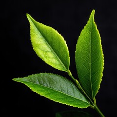 Obraz premium Fresh Green Tea Leaves on Black Background Macro Shot