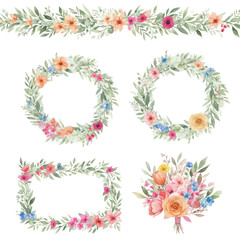 Naklejka premium Watercolor floral elements set - bright peach color, white, pink, blue flowers, rose,