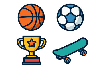 Colorful modern sports icons with basketball, soccer ball, trophy cup, and skateboard in vibrant vector cartoon style, transparent background, dynamic leisure and competition graphics