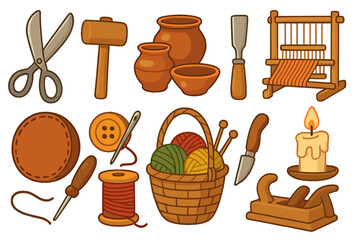Various Traditional Artisan Tools and Crafts Collection with Pottery, Sewing, Weaving, and Woodworking Elements in Modern Vector Cartoon Style Transparent Background