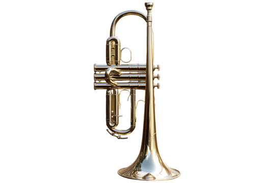 Trumpet in shiny brass finish isolated on transparent background emphasizing musical instrument design and craftsmanship for creative projects