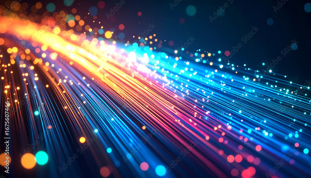 Poster digital luminescence: an abstract illustration of vibrant light trails weaving through space, formin