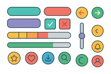 Vibrant vector flat illustration of colorful UI elements including buttons, progress bars, sliders, and icons for web and app design, modern user interface cartoon style with transparency