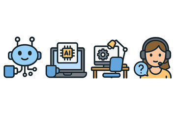 Vector Icons Representing Artificial Intelligence, Modern Technology, Digital Workspace, Technical Support, and Customer Service Concepts in Cartoon Style with Transparent Background