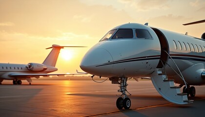 Obraz premium Luxury jet with open door, stairs on tarmac at sunrise. Another aircraft visible in background. Reflective metal body, windows hint at advanced aviation technology. Sunset sky offers warm golden