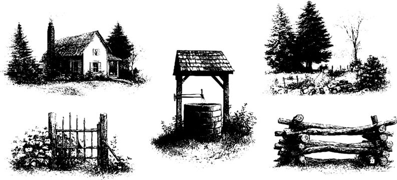 Rustic autumn homestead collection with farmhouse and countryside elements for decorative design