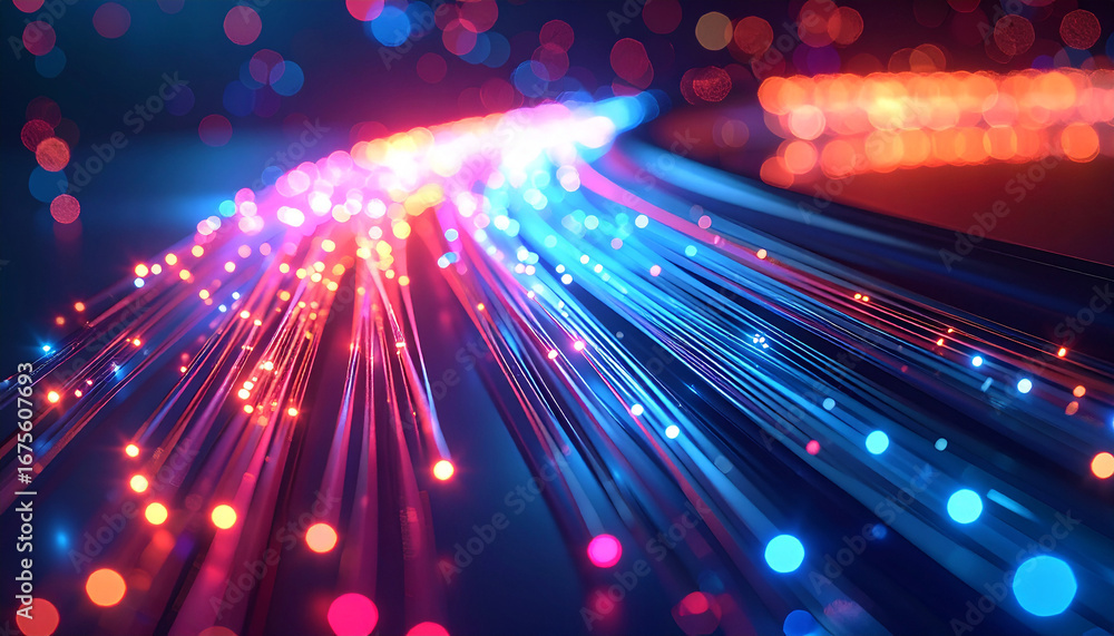 Poster digital highway: a captivating visual of a digital pathway. light beams converge into an advanced ne