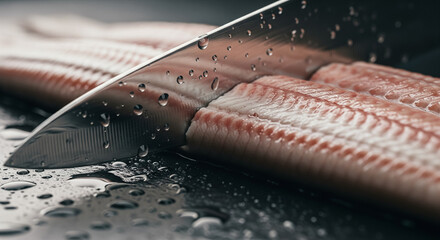 A Chef Slicing a Fresh Eel Fillet with a Sharp Knife