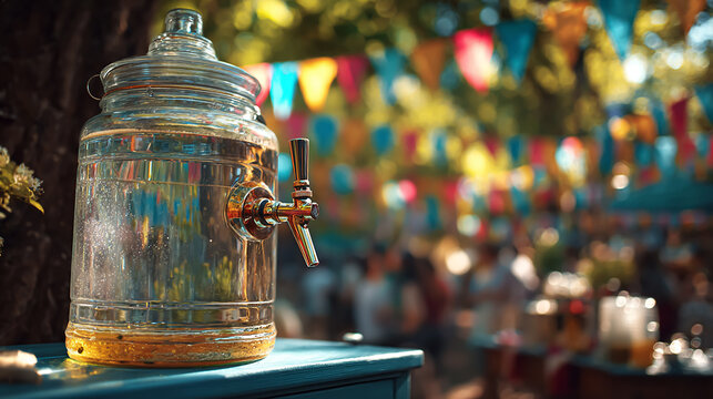 Large clear beer tower dispenser with tap, self-service setup in a bright garden party scene, natural sunlight, festive atmosphere - Powered by Adobe
