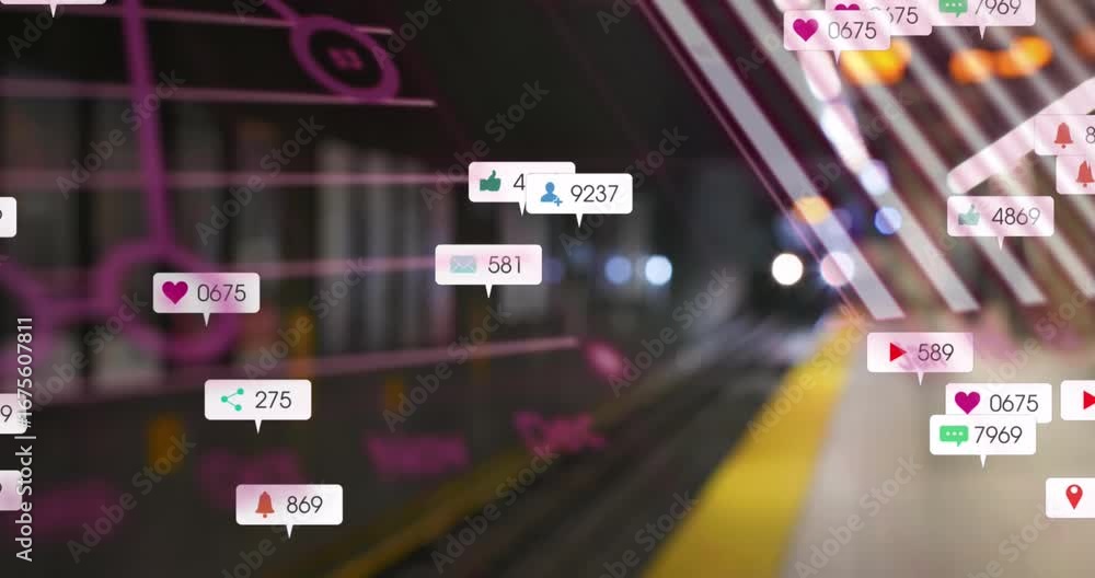 Wall mural animation of digital processes and statistics over social media icons and train platform