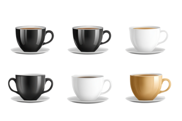 Collection of coffee cups in varying colors and styles displayed against a transparent background for beverage enthusiasts and design inspirations