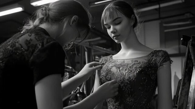 A fashion designer works on a dress with a model backstage before the runway show.