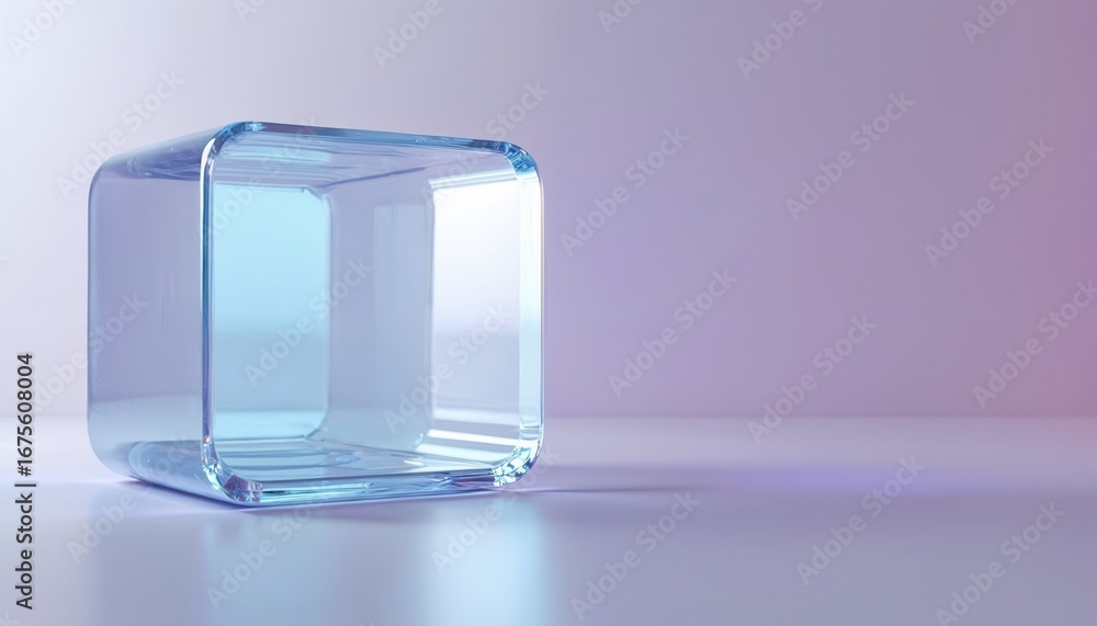 Poster minimalistic 3d render shows transparent cube with subtle color gradient, soft lighting. glass objec