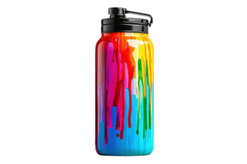 Colorful insulated water bottle with vibrant drip design on a transparent background, ideal for outdoor adventures, gym, or daily hydration needs