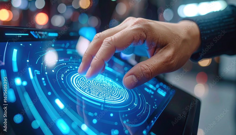 Poster touchscreen interface technology: a close-up captures a hand interacting with a futuristic touchscre