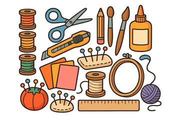 Crafting tools and art supplies set for DIY projects. Sewing, embroidery, and needlework equipment. Scissors, thread, needles, pincushion, glue, ruler, and paintbrushes.