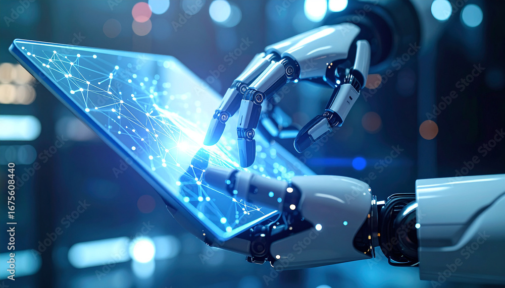 Poster digital hand of the future: the futuristic, metallic hand of an ai robot interacts with a glowing di