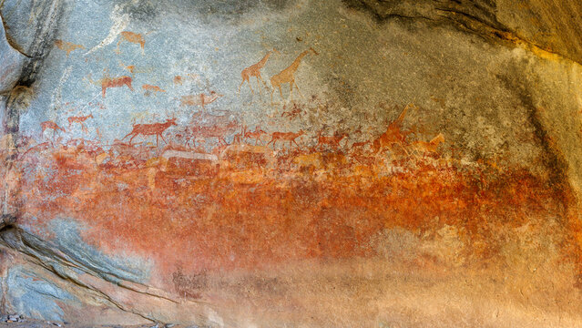 Nswatugi Cave friezes of giraffes, elephants and kudu in Matobo Hills National Park of Zimbabwe, a world heritage site