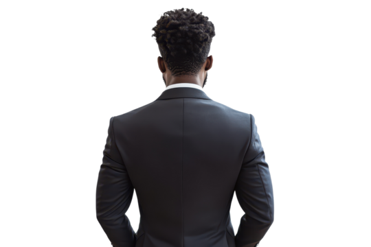 Business man in a suit standing confidently against a white background with a focused posture, suggesting professionalism and ambition
