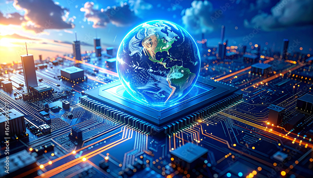 Poster digital world: an interconnected global network is represented through a glowing world globe nestled