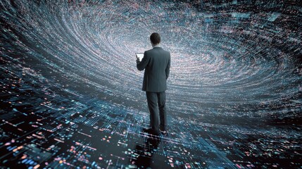 Businessman standing in a digital data stream with a tablet in his hand