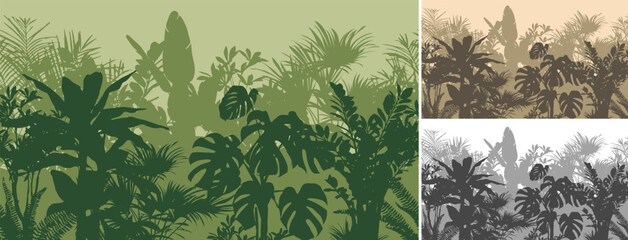 set of seamless horizontal pattern with tropical plants. Vector illustration