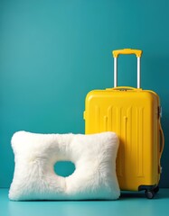 Obraz premium Comfortable white travel pillow with hole sits next to bright yellow suitcase on blue background. Accessories for pleasant journey, relaxation, and comfortable sleep during vacation or long trips.