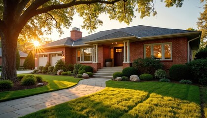 Obraz premium Charming brick ranch house exterior in suburban neighborhood. Features welcoming porch, lush green lawn, and mature trees. Sunlight filters through leaves, creating a warm, inviting atmosphere.