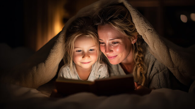 Loving Caucasian mother reading a bedtime storybook to her young daughter under a blanket using a flashlight, cozy warm evening atmosphere, lying together on bed in softly lit bedroom - Powered by Adobe