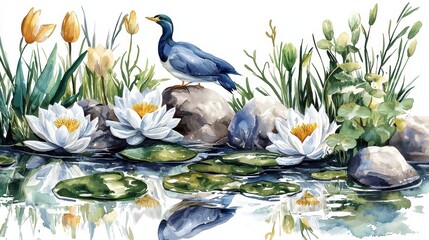 Serene Watercolor Painting of Blue Bird Among White Water Lilies