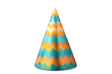 Colorful party hat designed with zigzag patterns isolated on a transparent background suitable for festive occasions or celebration themes
