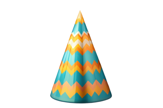 Colorful party hat designed with zigzag patterns isolated on a transparent background suitable for festive occasions or celebration themes