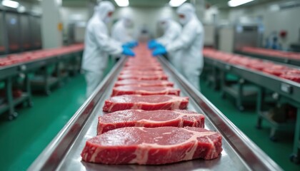 Modern beef processing plant features rows of fresh red meat steaks moving along stainless steel conveyor belts. Workers in protective suits, gloves handle cuts. Automation, technology ensure
