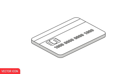 Isometric line art icon of a bank payment card with a chip. Vector illustration for financial and e-commerce concepts