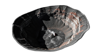 Volcanic crater's intricate textures and forms create a starkly beautiful scene against stark