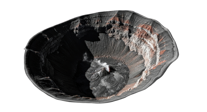 Volcanic crater's intricate textures and forms create a starkly beautiful scene against stark