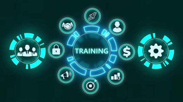 Business, Technology, Internet and network concept. Coaching mentoring education business training development E-learning concept ,Abstract technology symbols on a blue background.