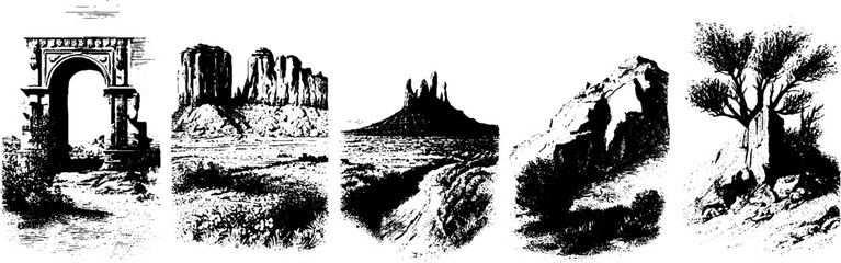 Obraz premium Collection of vintage engraving design elements featuring sandstone landscapes