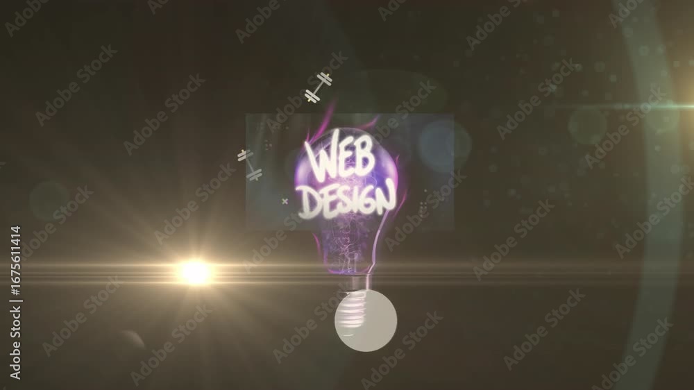 Poster animation of light trails over shapes and light bulb with web design text on black background