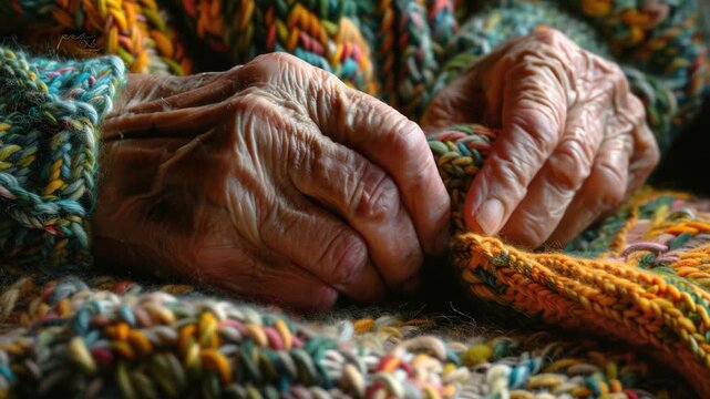 Close-up of elderly woman's hands knitting a patchwork blanket with multi-colored yarn.