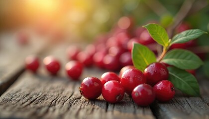Vibrant red cranberries with fresh green leaves rest on rustic wooden surface. Soft natural light enhances texture, shine of ripe fruit, creating warm autumn harvest feel perfect for food, recipe