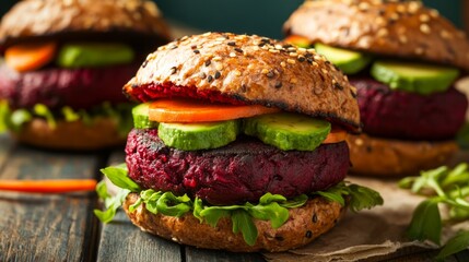A delicious vegetarian burger with beetroot, avocado, tomatoes, and greens on a whole grain bun. Useful for cooking blogs, articles on healthy eating, vegetarianism, and recipes.