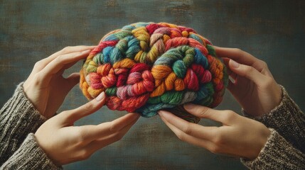 The hands hold a ball of multicolored threads, symbolizing creativity.
Design of articles about hobbies, master classes on needlework, advertisements for creative materials.